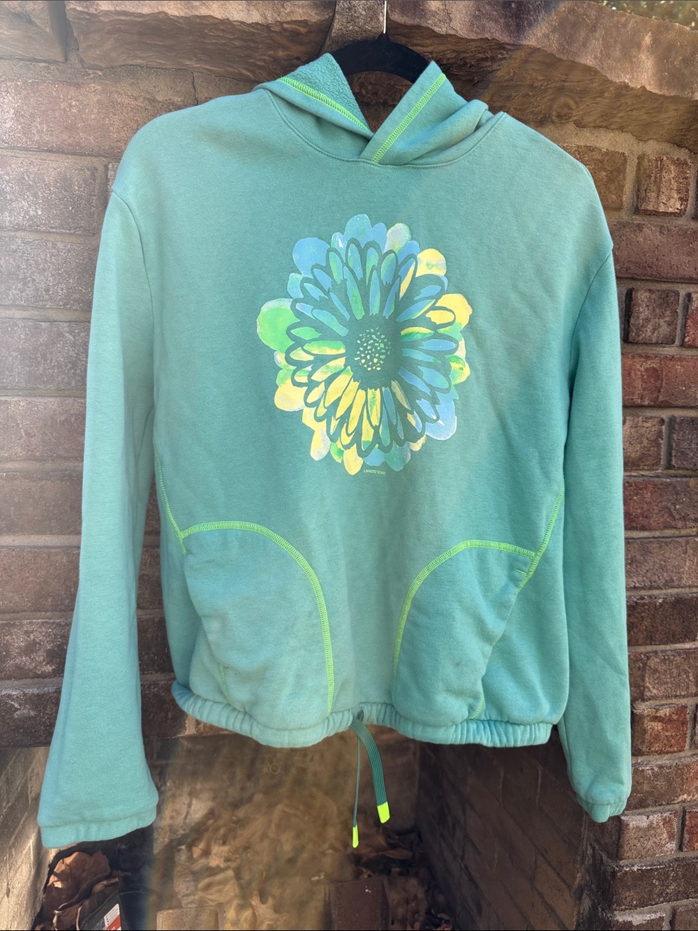 Lands' End Teal Hoodie with Multicolor Floral Graphic size XL (14-16)